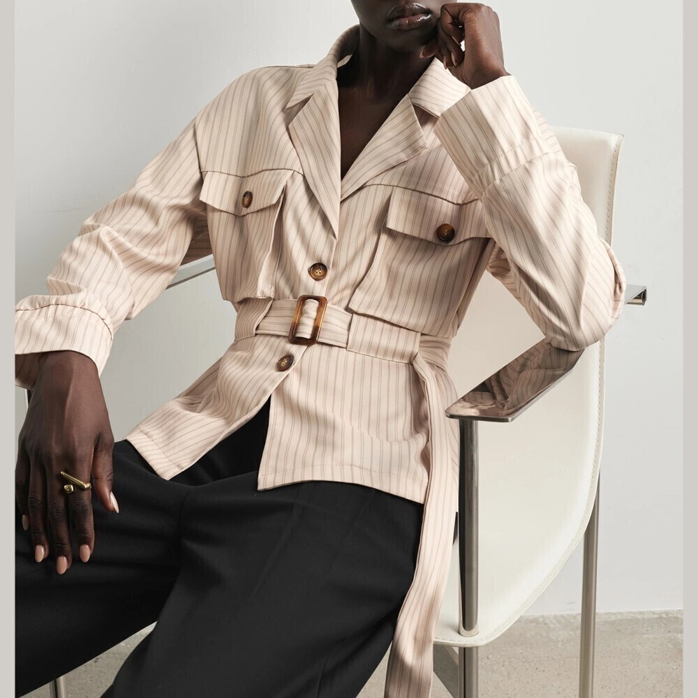 Cream Pinstripe Belted Safari Utility Jacket w/ Flap Pockets & Lapel Collar